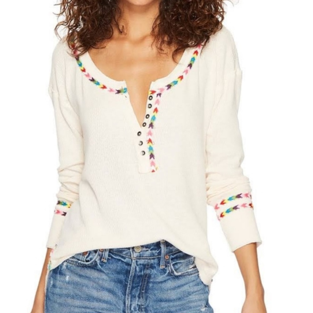 We The Free Cream Henley with Multicolor Arrow Embroidery